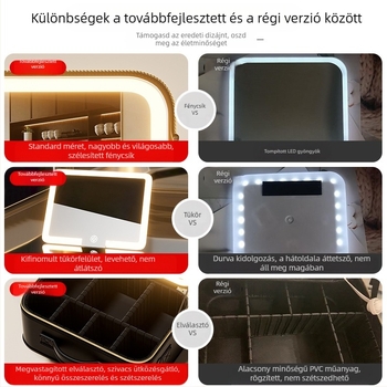LED utazó sminktáska tükrövel, hordozható, nagy kapacitású sminktáska osztott rekeszekkel