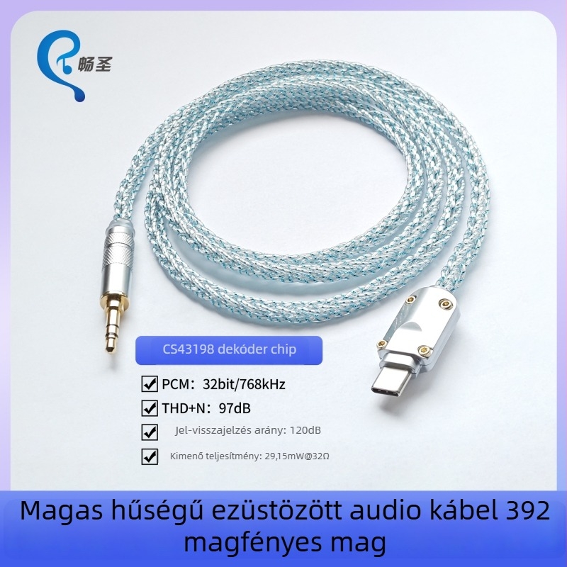 Type-C to 3,5 mm audio kábel, Changsheng, ezüstbevonatos rézmag, oxigénmentes réz vezető, ROHS tanúsított