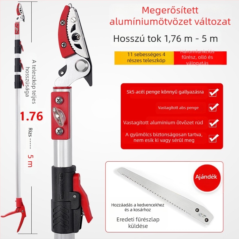 Teleszkópos gyümölcsszedő olló kiterjesztett elérhetőséggel a magas ágakhoz; MYTEC; alkalmas lychee, loquat és longan