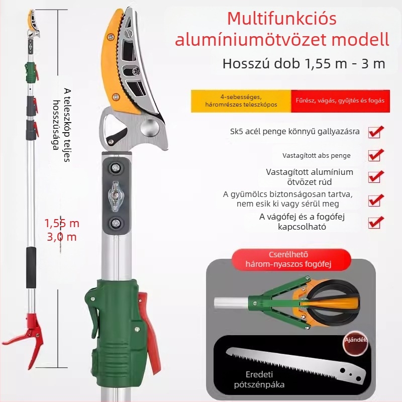 Teleszkópos gyümölcsszedő olló kiterjesztett elérhetőséggel a magas ágakhoz; MYTEC; alkalmas lychee, loquat és longan