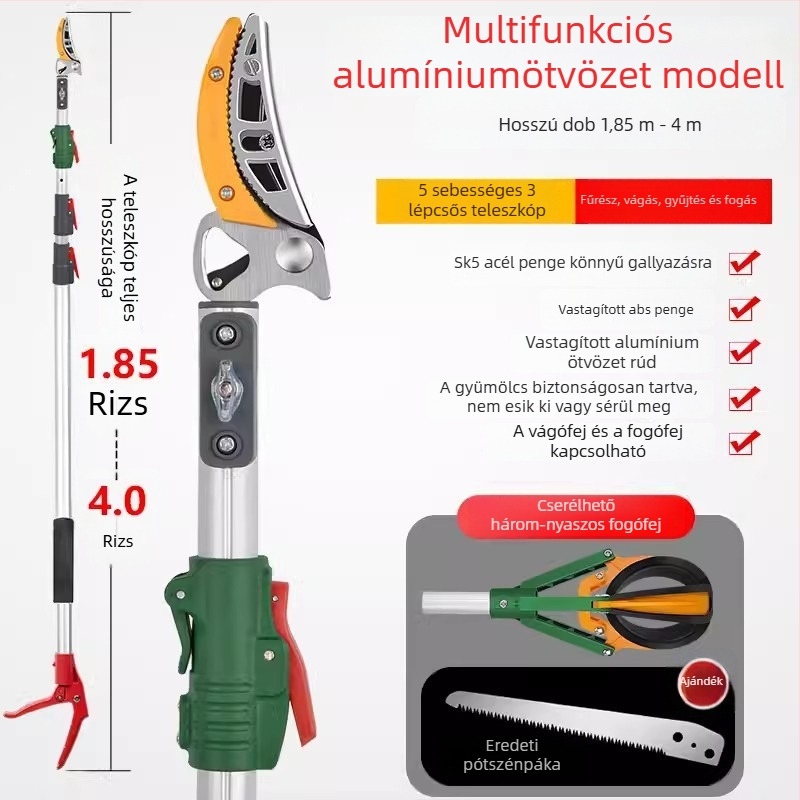 Teleszkópos gyümölcsszedő olló kiterjesztett elérhetőséggel a magas ágakhoz; MYTEC; alkalmas lychee, loquat és longan