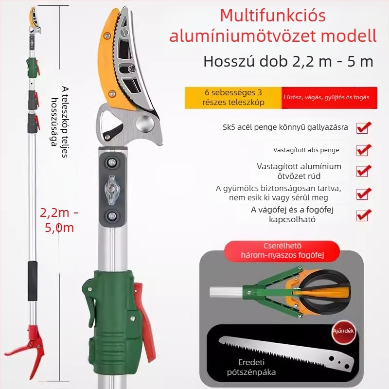 Teleszkópos gyümölcsszedő olló kiterjesztett elérhetőséggel a magas ágakhoz; MYTEC; alkalmas lychee, loquat és longan