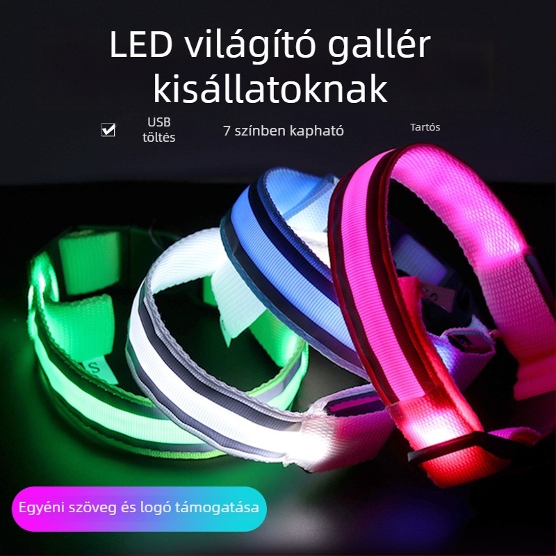 Anti-lost LED világító kutyanyakörv, éjszakai sétákhoz, USB töltésű, fényvisszaverő anyaggal.
