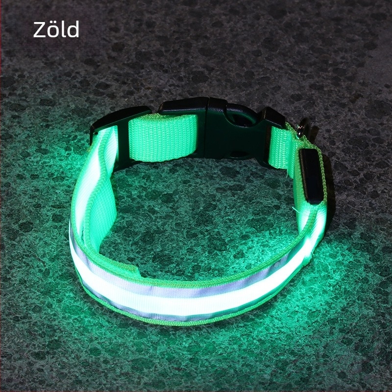 Anti-lost LED világító kutyanyakörv, éjszakai sétákhoz, USB töltésű, fényvisszaverő anyaggal.
