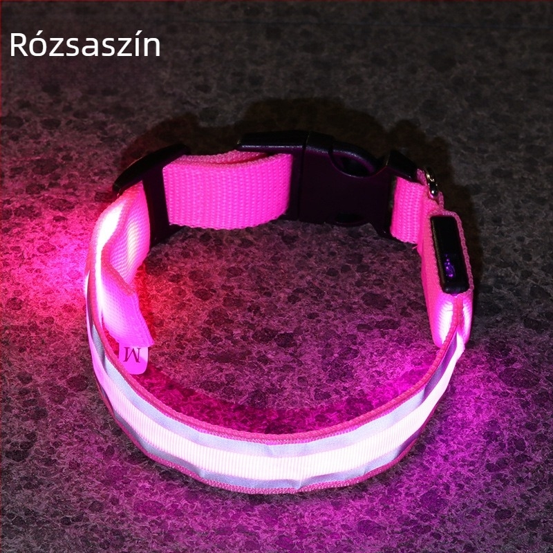 Anti-lost LED világító kutyanyakörv, éjszakai sétákhoz, USB töltésű, fényvisszaverő anyaggal.