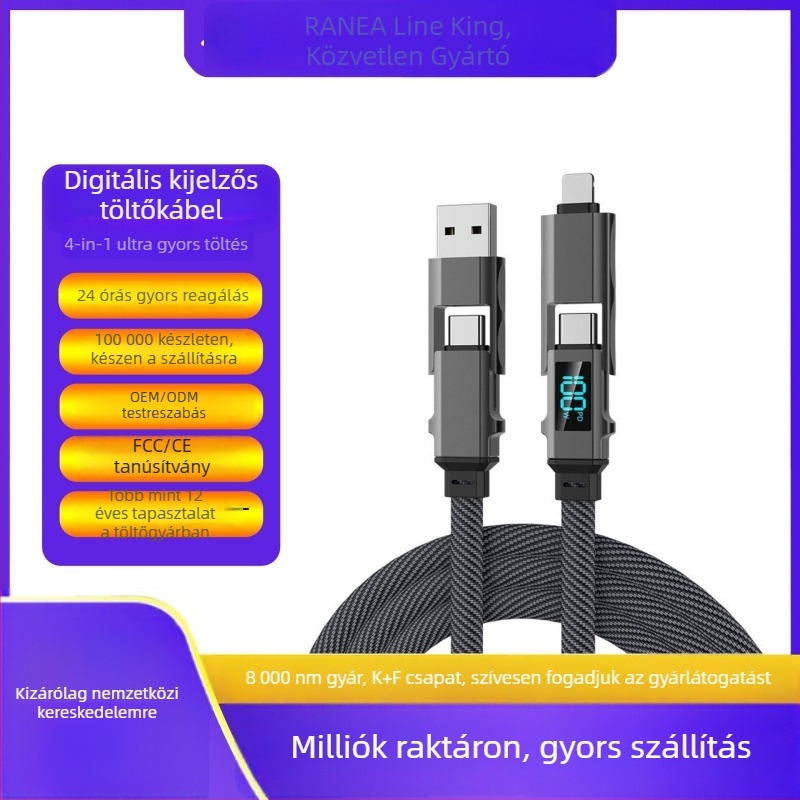 Autós töltő- és adatkábel digitális kijelzővel, négy az egyben kötött, kompatibil Lightning, USB-C, USB-A és USB 3.0, PD-kompatibilis