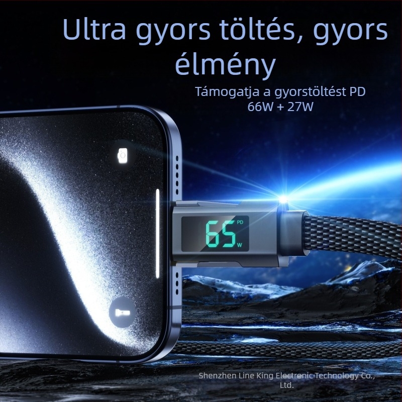 Autós töltő- és adatkábel digitális kijelzővel, négy az egyben kötött, kompatibil Lightning, USB-C, USB-A és USB 3.0, PD-kompatibilis