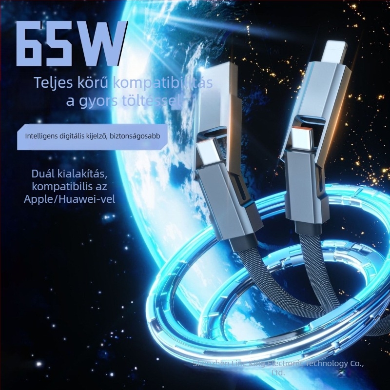 Autós töltő- és adatkábel digitális kijelzővel, négy az egyben kötött, kompatibil Lightning, USB-C, USB-A és USB 3.0, PD-kompatibilis