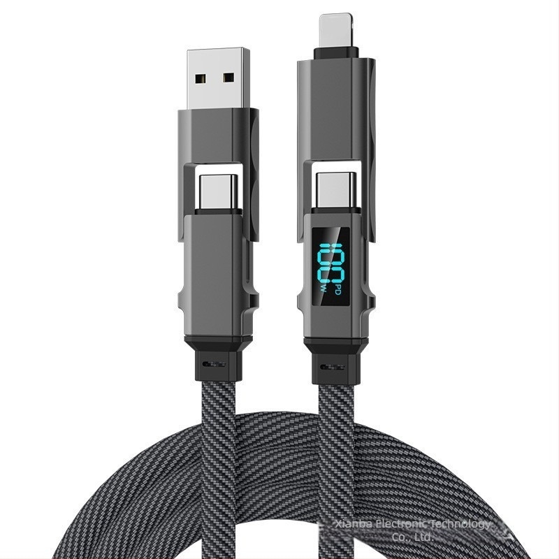Autós töltő- és adatkábel digitális kijelzővel, négy az egyben kötött, kompatibil Lightning, USB-C, USB-A és USB 3.0, PD-kompatibilis