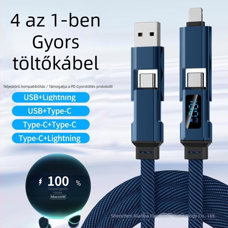 Autós töltő- és adatkábel digitális kijelzővel, négy az egyben kötött, kompatibil Lightning, USB-C, USB-A és USB 3.0, PD-kompatibilis