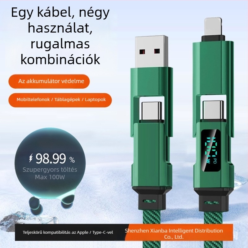 Autós töltő- és adatkábel digitális kijelzővel, négy az egyben kötött, kompatibil Lightning, USB-C, USB-A és USB 3.0, PD-kompatibilis