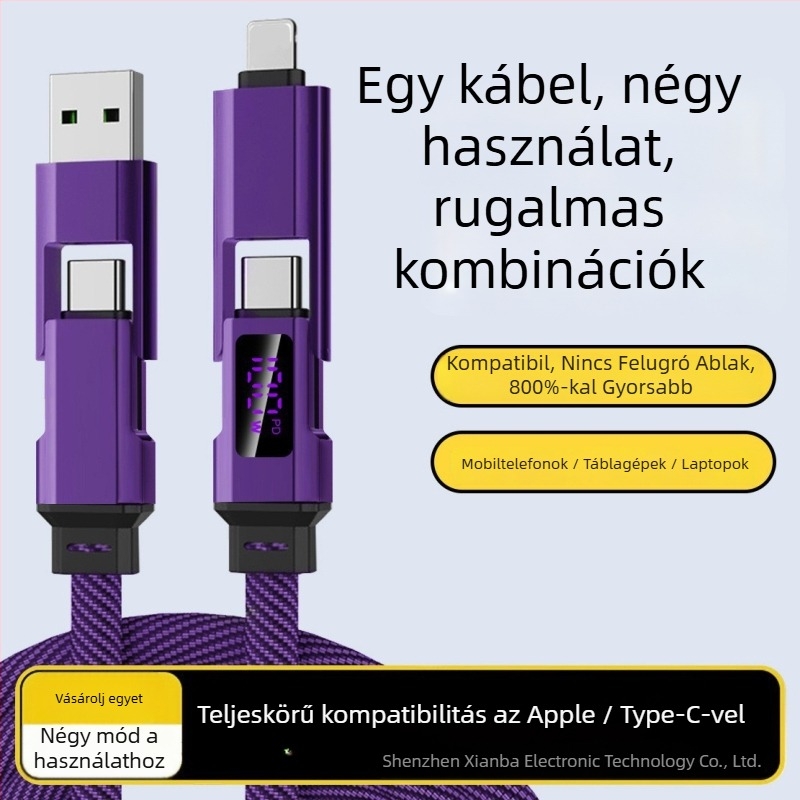 Autós töltő- és adatkábel digitális kijelzővel, négy az egyben kötött, kompatibil Lightning, USB-C, USB-A és USB 3.0, PD-kompatibilis
