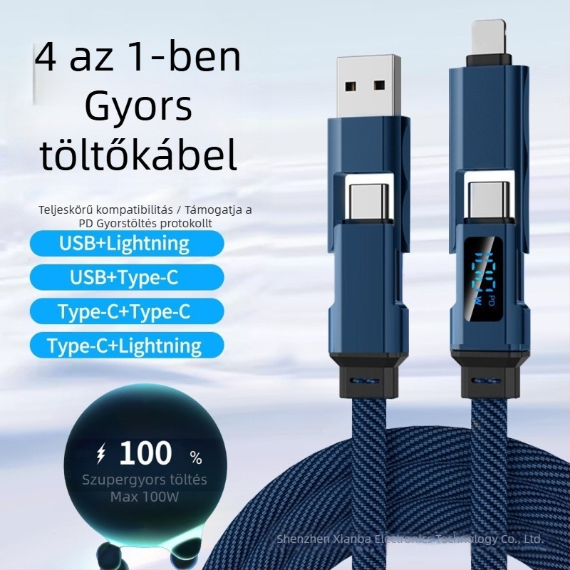 Autós töltő- és adatkábel digitális kijelzővel, négy az egyben kötött, kompatibil Lightning, USB-C, USB-A és USB 3.0, PD-kompatibilis