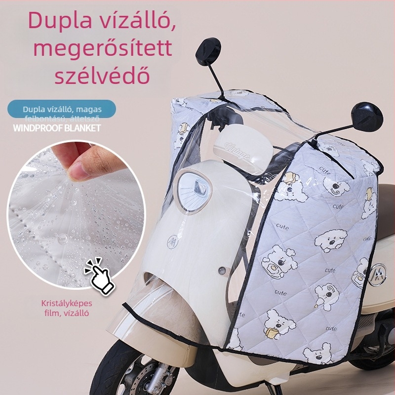 Elektromos jármű első szélvédője – átlátszó, vízálló, napvédő; modell 001; alkalmas visszapillantóval rendelkező, kosár nélküli motorkerékpárokhoz; anyag: Oxford szövet + műanyag