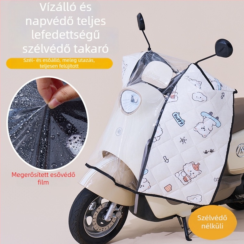 Elektromos jármű első szélvédője – átlátszó, vízálló, napvédő; modell 001; alkalmas visszapillantóval rendelkező, kosár nélküli motorkerékpárokhoz; anyag: Oxford szövet + műanyag