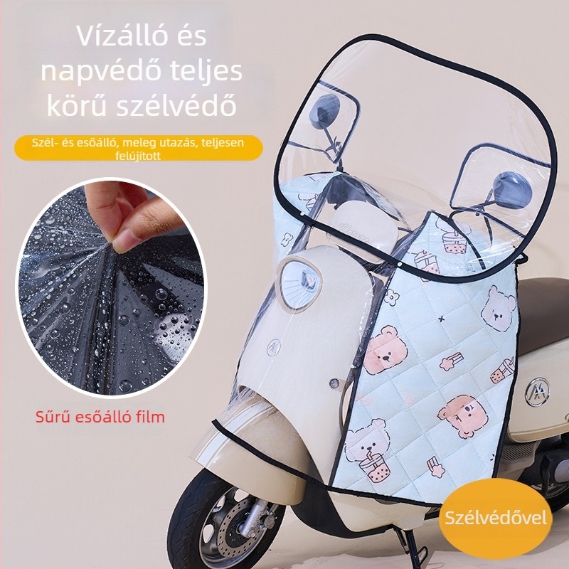 Elektromos jármű első szélvédője – átlátszó, vízálló, napvédő; modell 001; alkalmas visszapillantóval rendelkező, kosár nélküli motorkerékpárokhoz; anyag: Oxford szövet + műanyag