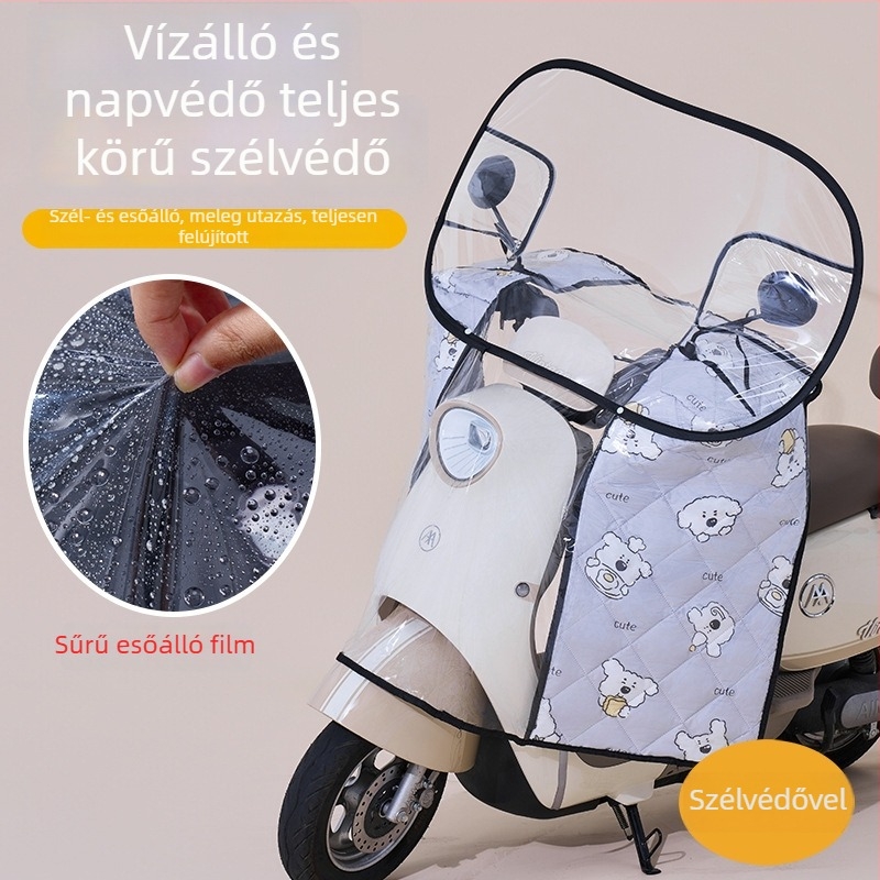 Elektromos jármű első szélvédője – átlátszó, vízálló, napvédő; modell 001; alkalmas visszapillantóval rendelkező, kosár nélküli motorkerékpárokhoz; anyag: Oxford szövet + műanyag