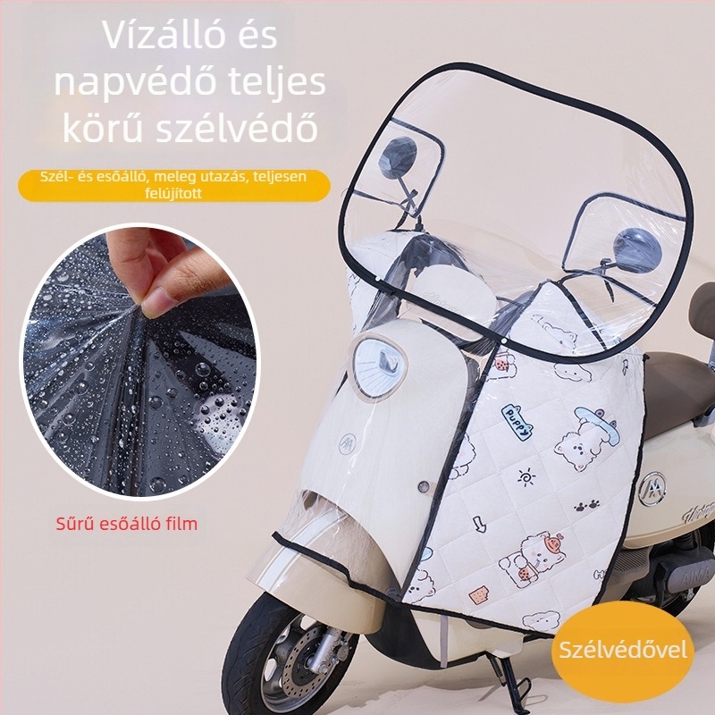 Elektromos jármű első szélvédője – átlátszó, vízálló, napvédő; modell 001; alkalmas visszapillantóval rendelkező, kosár nélküli motorkerékpárokhoz; anyag: Oxford szövet + műanyag