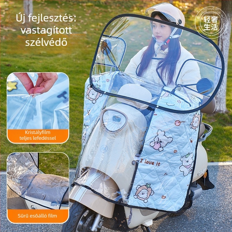 Elektromos jármű első szélvédője – átlátszó, vízálló, napvédő; modell 001; alkalmas visszapillantóval rendelkező, kosár nélküli motorkerékpárokhoz; anyag: Oxford szövet + műanyag