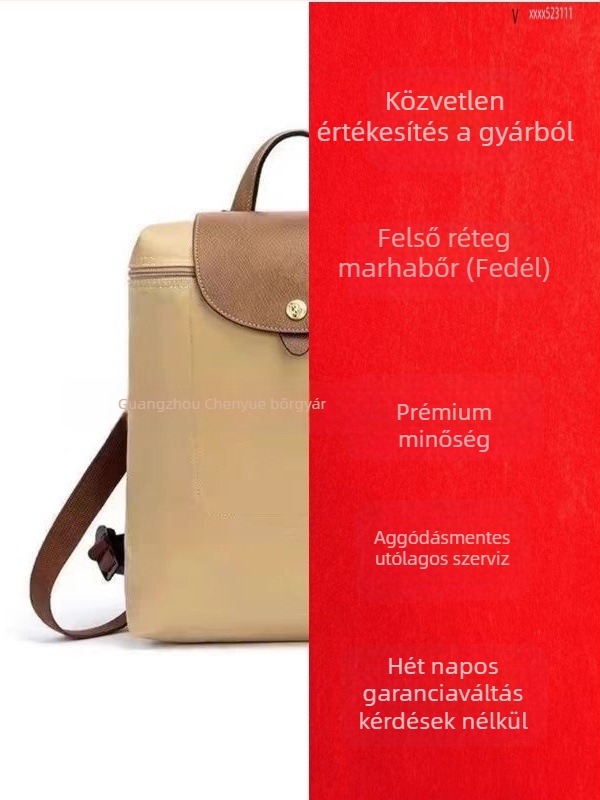 Női hátizsák fedéllel, vízálló nylonból, városi letisztult stílus, belső zsebek telefonra, igazolványra és laptop számára; cipzáras nyitás.
