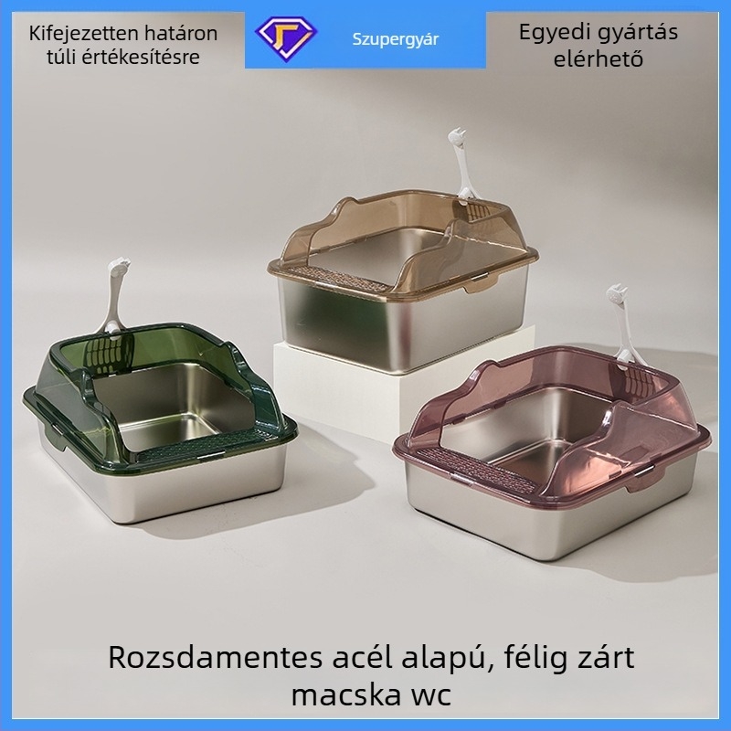 Rozsdamentes acélból készült macskaalmotálca, magas oldalakkal, fél‑zárt kialakítás, pedállal a szennyeződés megelőzésére