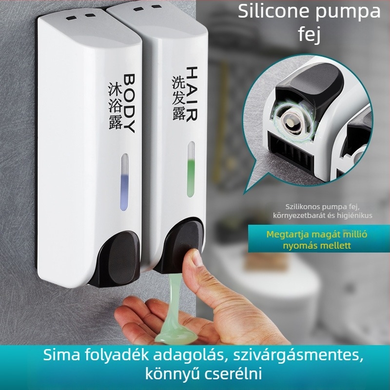 Kézi nyomású kétfejű szappanadagoló, műanyagból, falra szerelhető, 600 g súly, modern minimalista kialakítás