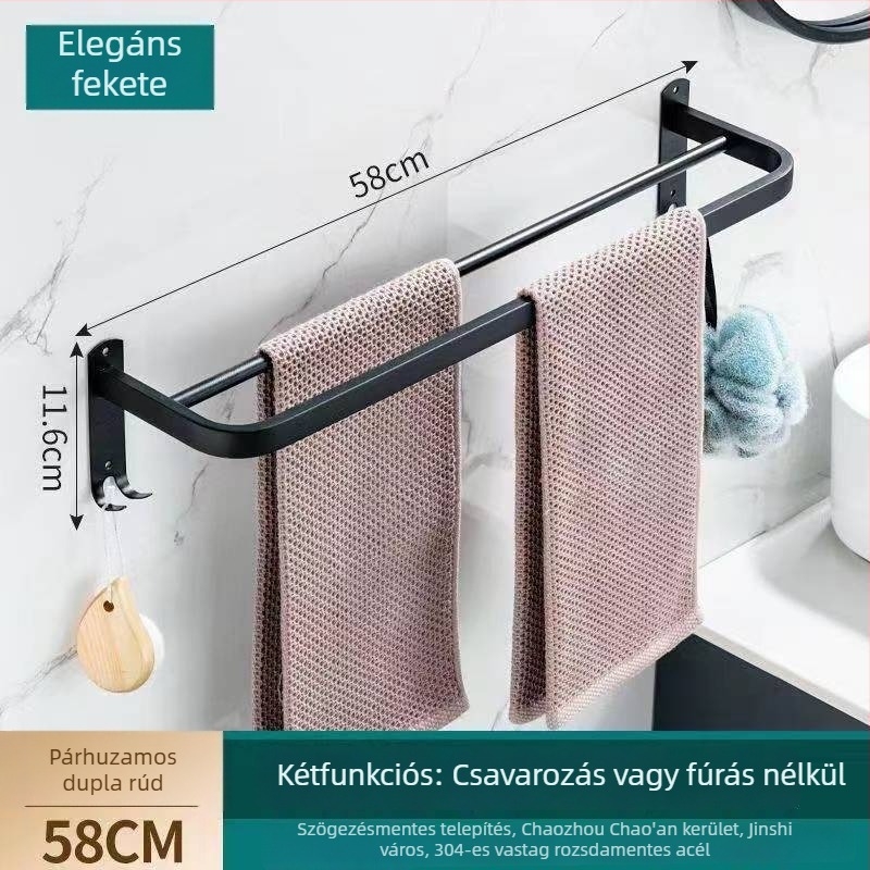 Rozsdamentes acél törölközőrúz falra szerelhető, polírozott felülettel, egy- vagy kétrúddal, teherbírás 30