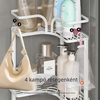 Sarokba álló padlóra helyezhető háromszög alakú fürdőszobai tároló, több szinttel