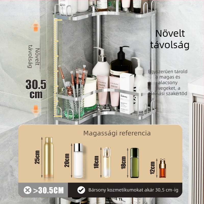 Wo cube rozsdamentes acél sarok fürdőszobai polc, háromszög alakú álló polc, két szintes, modern minimalista stílus, erős teherbírás