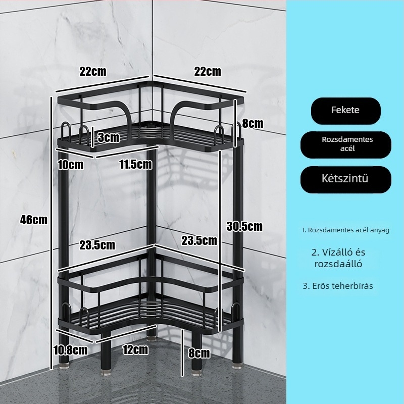 Wo cube rozsdamentes acél sarok fürdőszobai polc, háromszög alakú álló polc, két szintes, modern minimalista stílus, erős teherbírás
