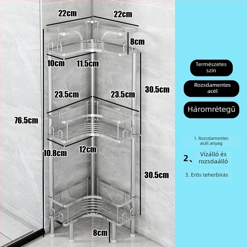 Wo cube rozsdamentes acél sarok fürdőszobai polc, háromszög alakú álló polc, két szintes, modern minimalista stílus, erős teherbírás