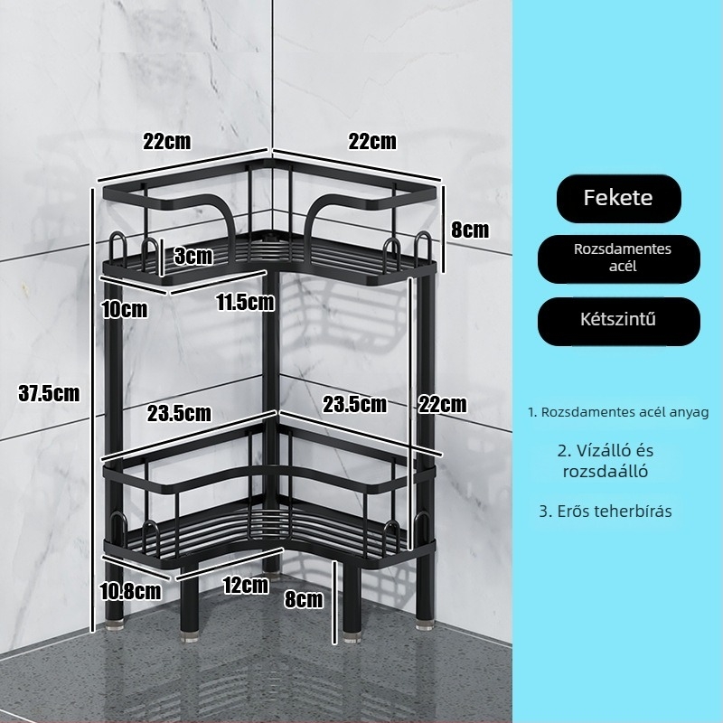 Wo cube rozsdamentes acél sarok fürdőszobai polc, háromszög alakú álló polc, két szintes, modern minimalista stílus, erős teherbírás