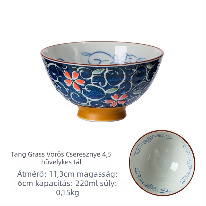 Mino Yaki porcelán rizs tál virágmintával, japán stílus, kör alakú, mikrohullámú sütőben használható