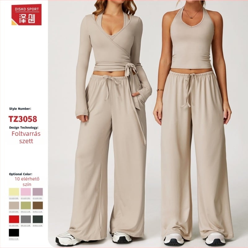 Női jóga szett ujjatlan felsővel és széles lábú nadrággal, pulóver stílus; anyag: 90% poliészter, 10% spandex; dél-koreai selyem borotvált textúrával