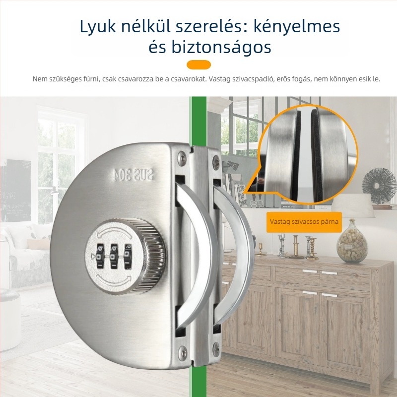Üvegajtó zár - Mechanikus, rozsdamentes acél, modell 102, üvegajtókhoz, záró rúd vastagsága 12 mm