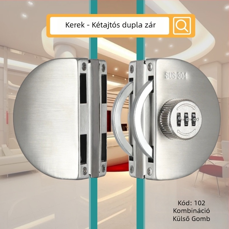 Üvegajtó zár - Mechanikus, rozsdamentes acél, modell 102, üvegajtókhoz, záró rúd vastagsága 12 mm