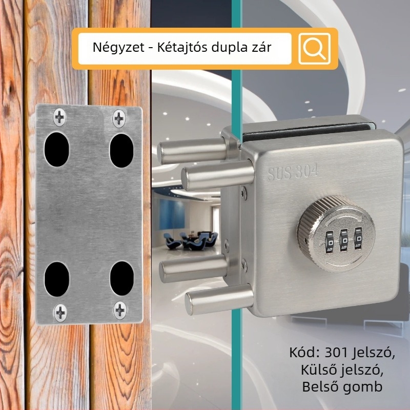 Üvegajtó zár - Mechanikus, rozsdamentes acél, modell 102, üvegajtókhoz, záró rúd vastagsága 12 mm