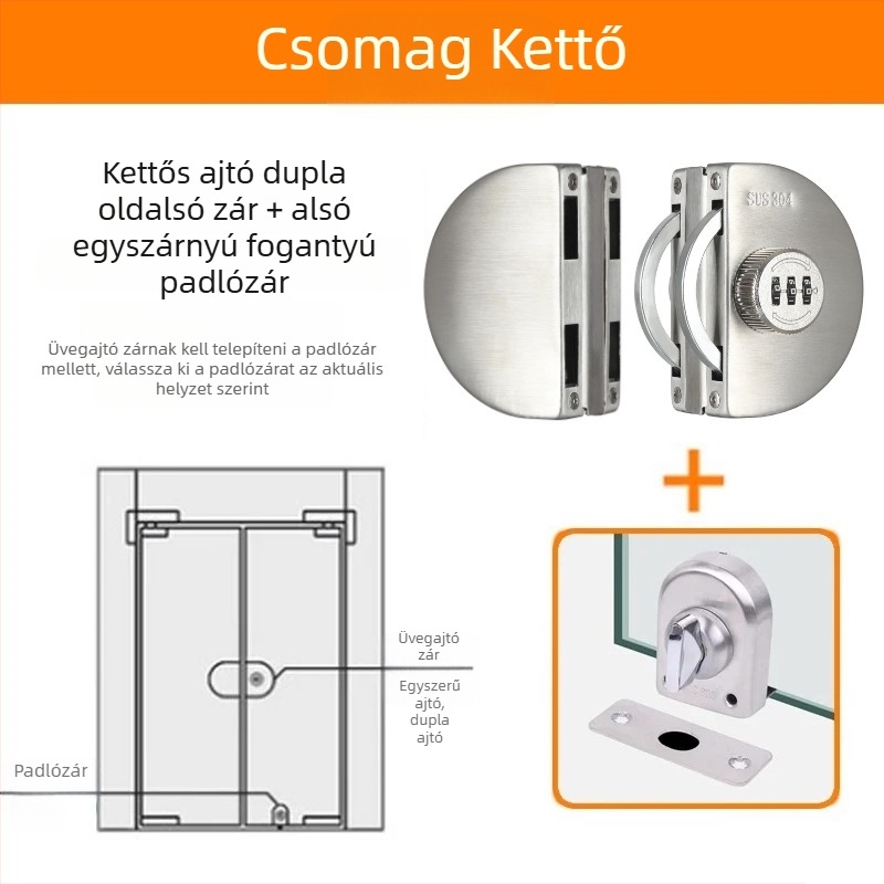 Üvegajtó zár - Mechanikus, rozsdamentes acél, modell 102, üvegajtókhoz, záró rúd vastagsága 12 mm