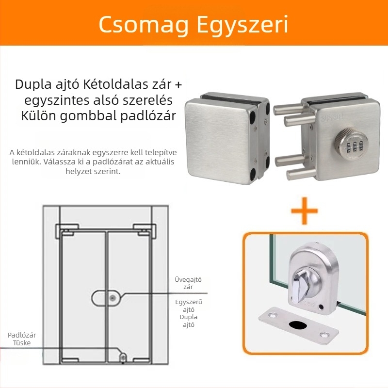 Üvegajtó zár - Mechanikus, rozsdamentes acél, modell 102, üvegajtókhoz, záró rúd vastagsága 12 mm