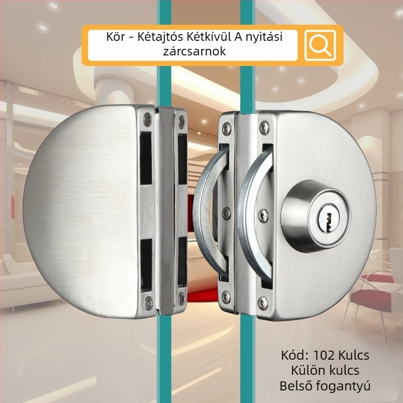 Üvegajtó zár - Mechanikus, rozsdamentes acél, modell 102, üvegajtókhoz, záró rúd vastagsága 12 mm