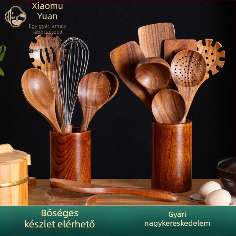Akácfa kanál- és spatula készlet tapadásmentes serpenyőkhöz, magas hőállóságú, égésálló, kampó kialakítás, fa nyéllel