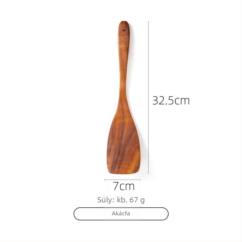 Akácfa kanál- és spatula készlet tapadásmentes serpenyőkhöz, magas hőállóságú, égésálló, kampó kialakítás, fa nyéllel