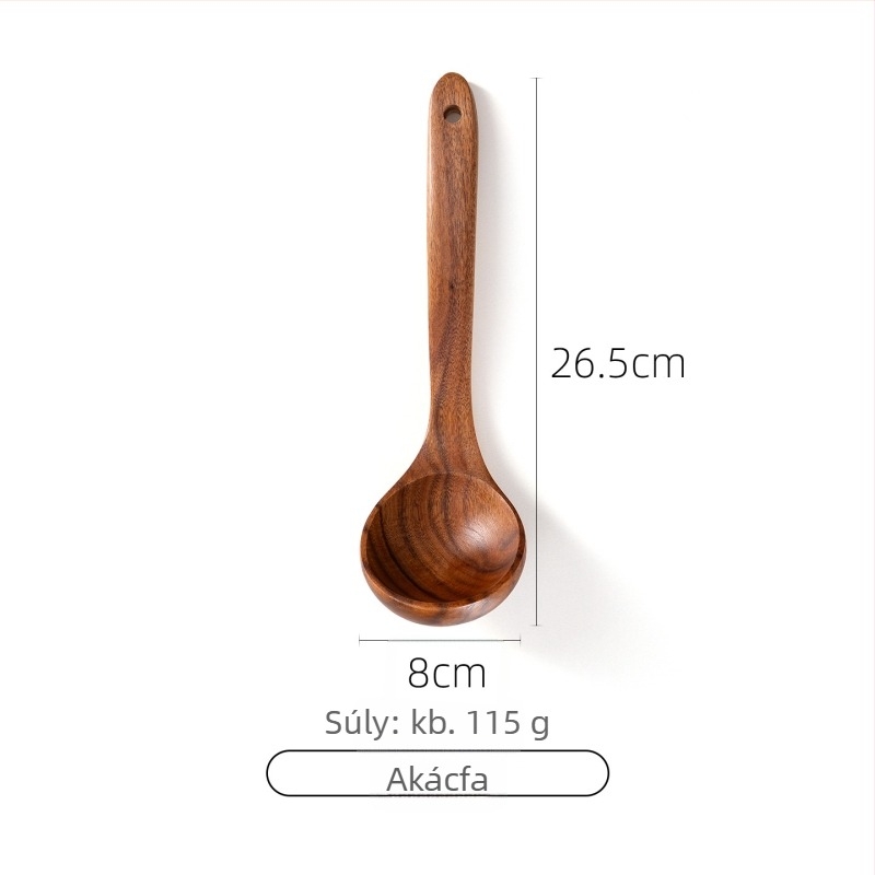 Akácfa kanál- és spatula készlet tapadásmentes serpenyőkhöz, magas hőállóságú, égésálló, kampó kialakítás, fa nyéllel