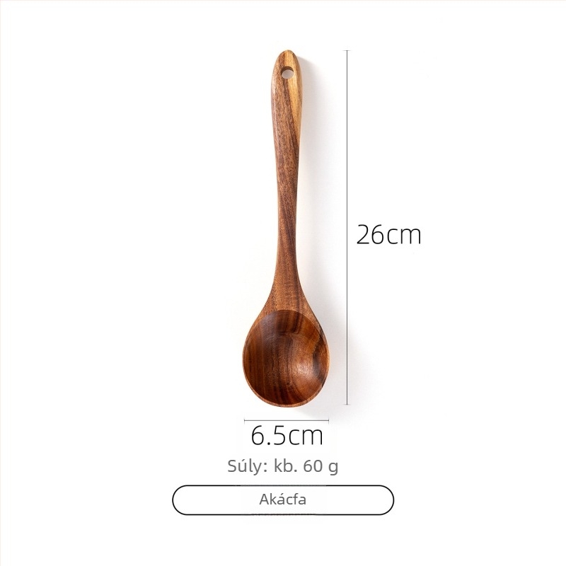 Akácfa kanál- és spatula készlet tapadásmentes serpenyőkhöz, magas hőállóságú, égésálló, kampó kialakítás, fa nyéllel
