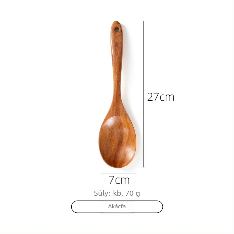 Akácfa kanál- és spatula készlet tapadásmentes serpenyőkhöz, magas hőállóságú, égésálló, kampó kialakítás, fa nyéllel