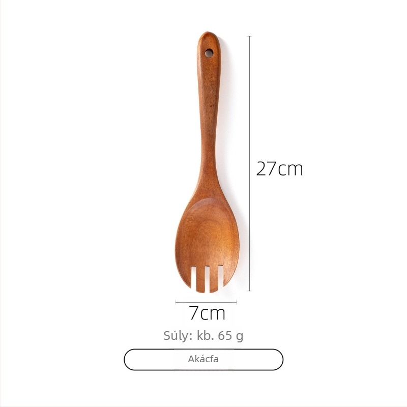 Akácfa kanál- és spatula készlet tapadásmentes serpenyőkhöz, magas hőállóságú, égésálló, kampó kialakítás, fa nyéllel