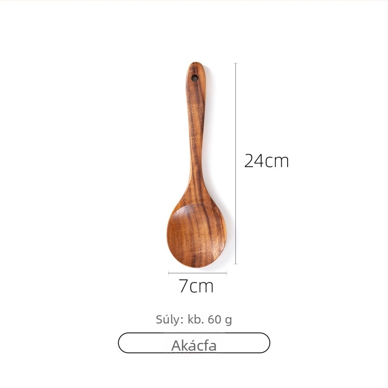 Akácfa kanál- és spatula készlet tapadásmentes serpenyőkhöz, magas hőállóságú, égésálló, kampó kialakítás, fa nyéllel