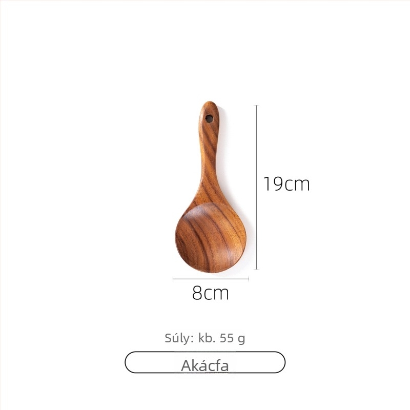 Akácfa kanál- és spatula készlet tapadásmentes serpenyőkhöz, magas hőállóságú, égésálló, kampó kialakítás, fa nyéllel