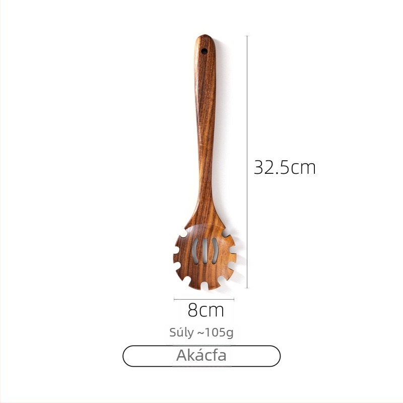 Akácfa kanál- és spatula készlet tapadásmentes serpenyőkhöz, magas hőállóságú, égésálló, kampó kialakítás, fa nyéllel