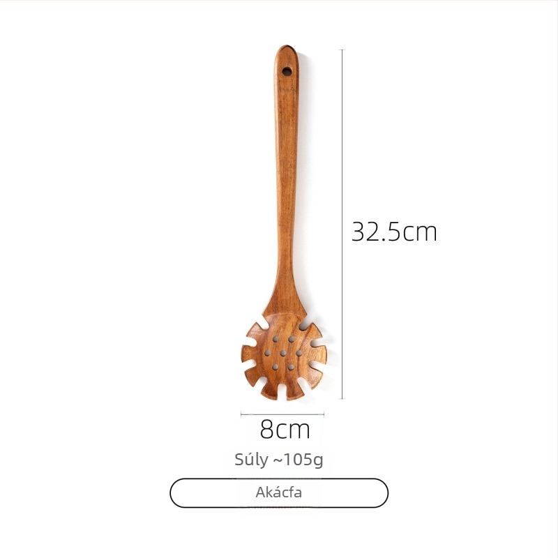 Akácfa kanál- és spatula készlet tapadásmentes serpenyőkhöz, magas hőállóságú, égésálló, kampó kialakítás, fa nyéllel